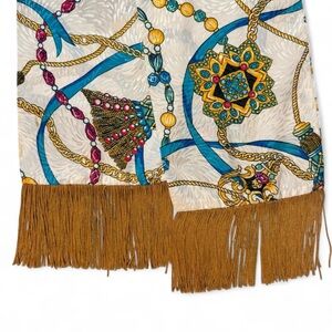 The Specialty House Inc. silky gold chain and jewel patterned scarf with fringe